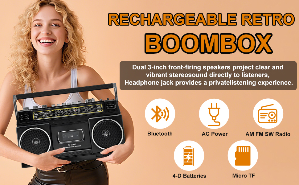Retro-style black boombox with dual 3-inch speakers, featuring Bluetooth, AM/FM/SW radio, AC power, Micro TF card slot, and 4-D battery compatibility.