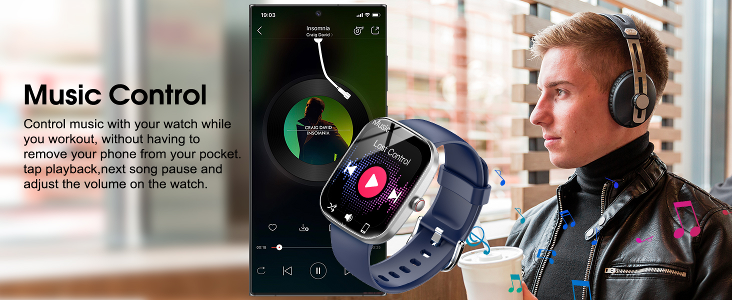 Smartwatch with round face displaying music controls. Image shows device on wrist and separate close-up of watch face with play/pause button.