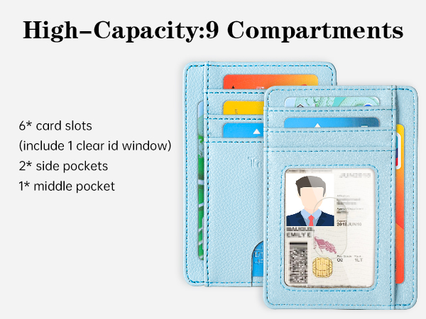 Light blue slim wallet design featuring 9 compartments, including 6 card slots, clear ID window, 2 side pockets, and middle pocket.