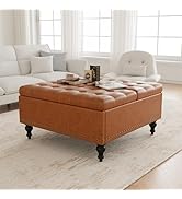 iabifo Large Square Storage Ottoman Bench, Button Tufted Upholstered Coffee Table Ottoman with So...