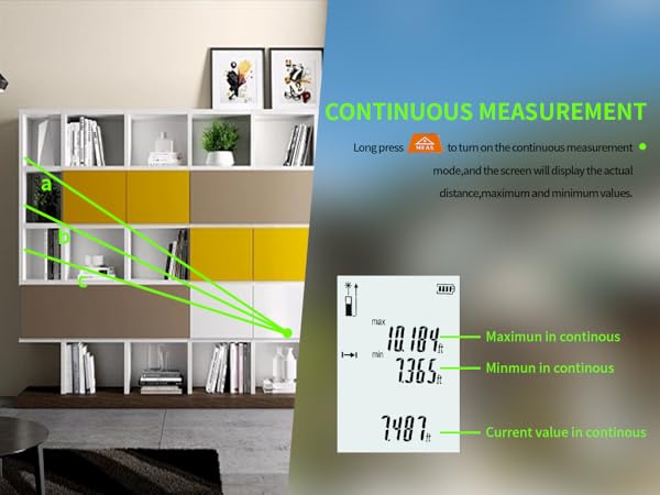continuous measurement-long press MEAS to measurin, dispaly the actual distance,max and min values