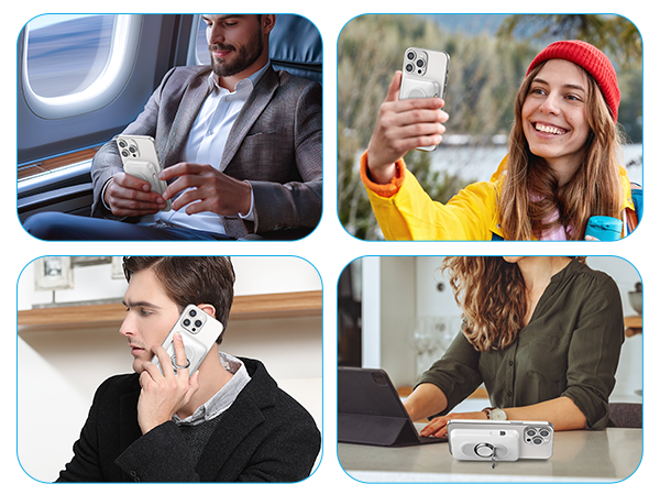a collage of four images of people on the phone.