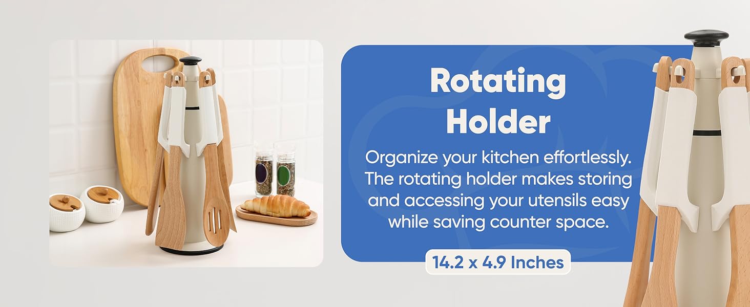 Wooden Cooking Utensils Set White Rotating Holder