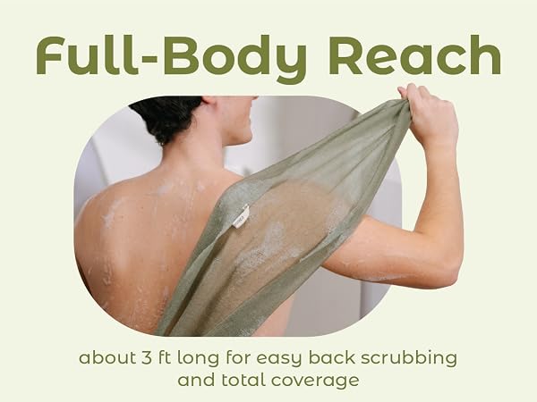 Man stretching a long exfoliating towel across his back for total coverage.