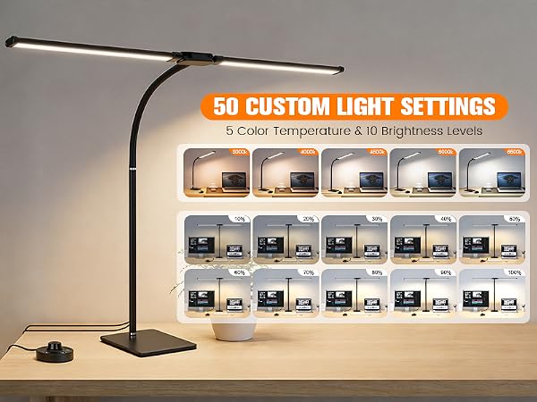 LED Desk Lamp with Base, Double Head Smart Desk Light with Controller Table Lamp for Home Office