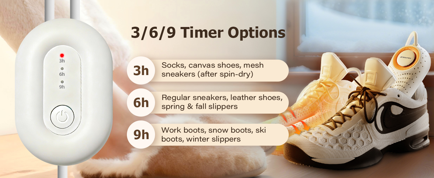 Text reads: '3/6/9 Timer Options' with three categories: '3h: Sneakers (after activity)', '6h: Regular sneakers, leather shoes', '9h: Work boots, snow boots'. Timer device shown with footwear.