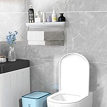 My wall-mounted Shower Caddy holding toiletries and towels near a toilet and vanity unit.