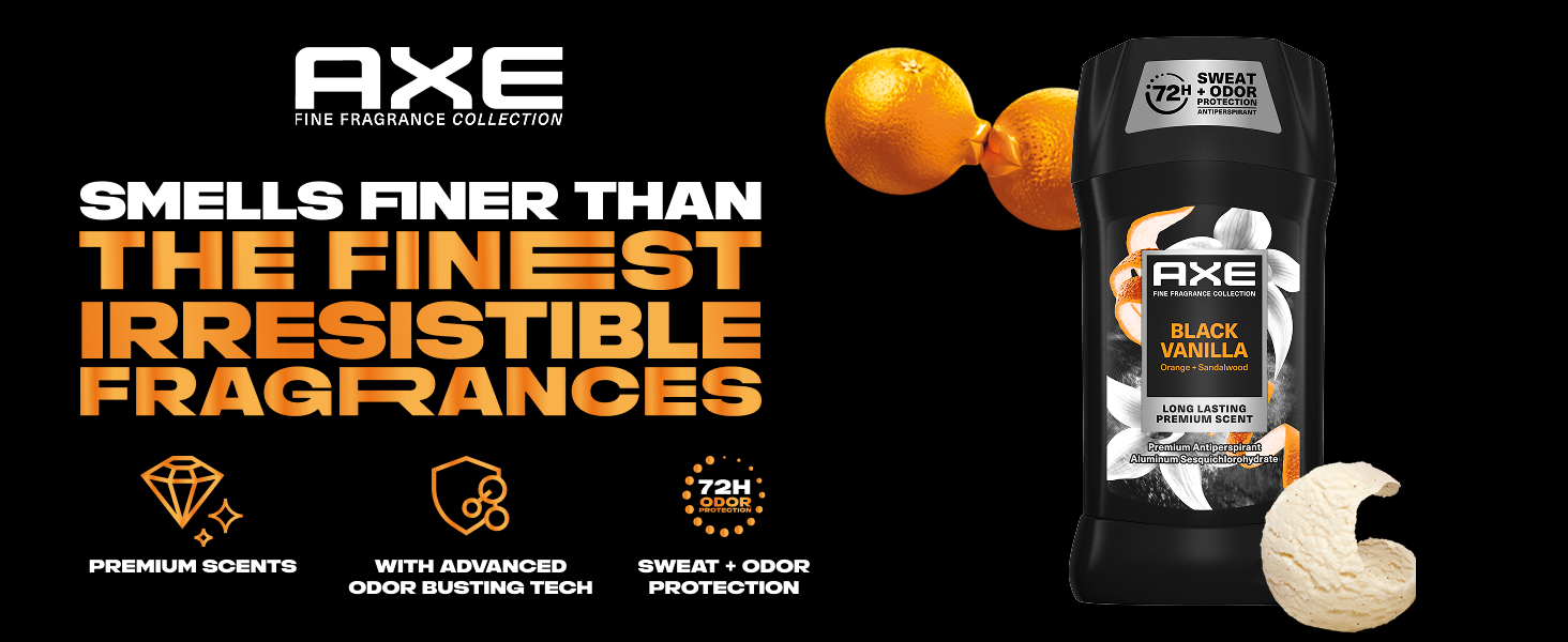 Deodorant against black backdrop with orange, vanilla scoop and 3 icons about scents and protection.