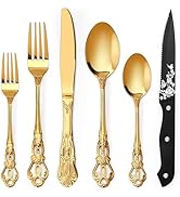 Gold Silverware Set For 8, HENSENMEN 48-Piece Retro Royal Flatware Set for 8 with Anti-rust Silve...
