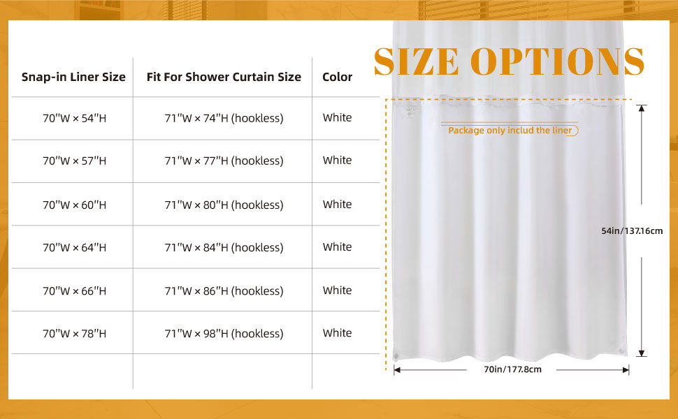 hookless shower curtian liner size