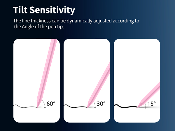 Tilt sensitivity – Angle alters line: 60° thin, 30° medium, 15° thick for shading effects.