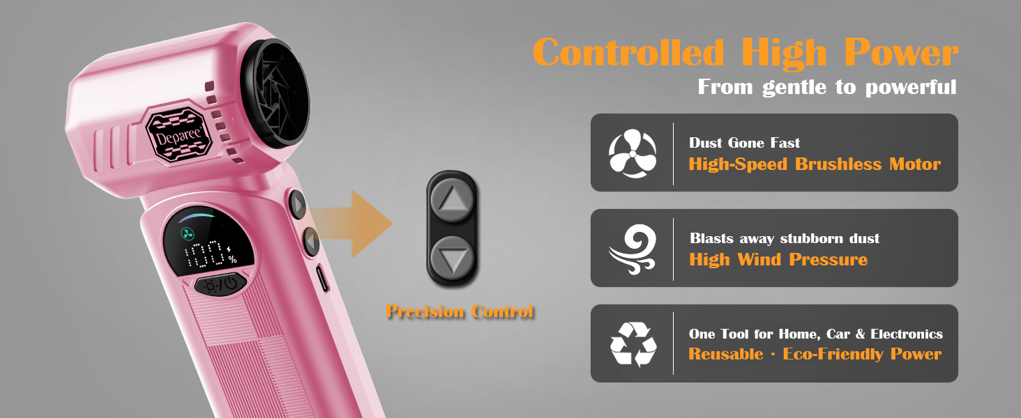 Pink air duster with adjustable airflow buttons for precise cleaning and high wind pressure use
