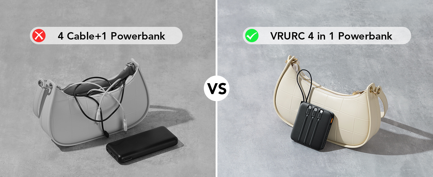 Comparison of two powerbank products: '4 Cable+1 Powerbank' shown with multiple cables, and 'VRURC 4 in 1 Powerbank' integrated into a small handbag design.