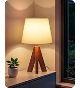 GOEBLESON Tripod Table Lamp, Small Bedside Lamp with White Fabric Shade &amp; Dark Wood Base, Modern ...