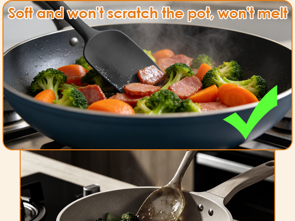 Silicone spatula stirs food without scratching non-stick pans, safe vs metal utensils