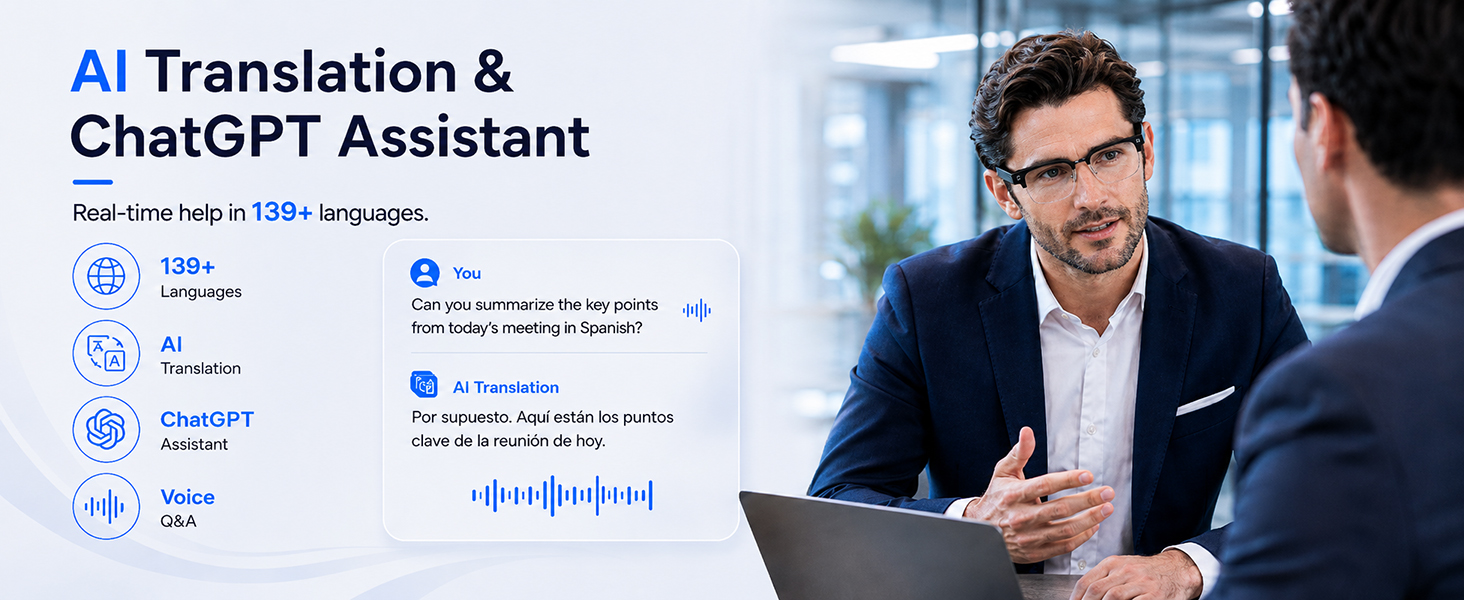 AI smart glasses with real-time translation, ChatGPT assistant, voice Q&amp;amp;A and 139+ language support.