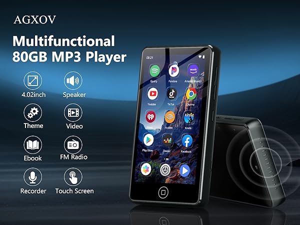 Text reads 'AGXOV' and 'Multifunctional 80GB MP3 Player'. Interface screenshots showing media player features with icons for audio, recording, and settings