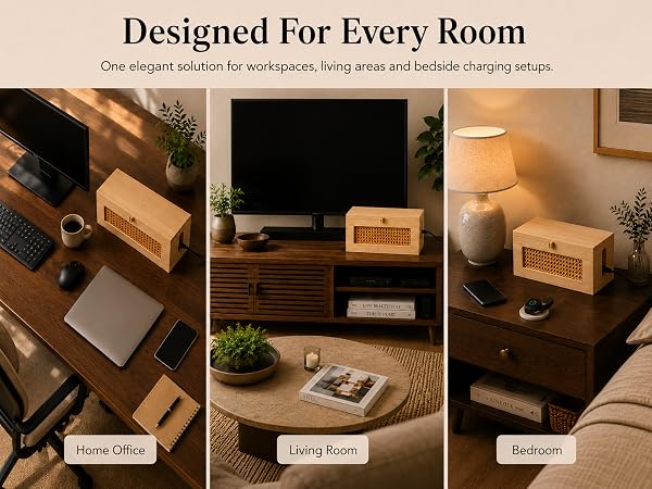 Wooden cable management box used in living room, home office and bedroom