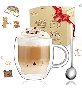 ecooe Cute Bear Mug Glass Coffee Cup 9.8oz Double Walled Glass Mug Cappuccino Latte Glass Cup wit...