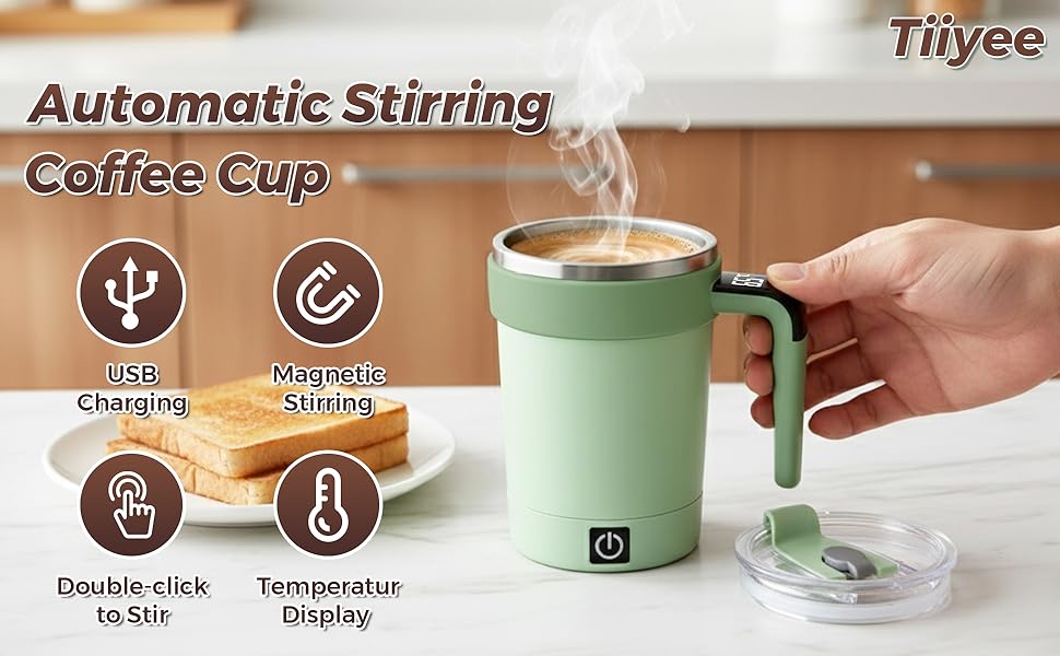 Text reads 'Coffee Cup', 'Automatic Stirring', with icons showing temperature control and stirring functions. Mint green self-stirring mug demonstrated in use.