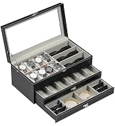 AUTOARK 3 Layer Leather 8 Watch and 3 Eyeglasses&amp;Sunglass Box with Jewelry Display Drawer Lockabl...