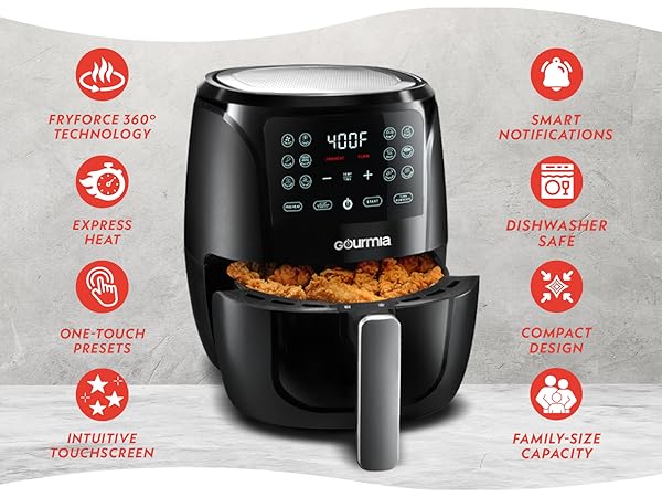 Front view of black and stainless air fryer with digital display and preset buttons