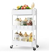 LEHOM 3 Tier Rolling Utility Cart, Metal Trolley Cart with Wheels, Hooks, Easy Assembly Organizer...