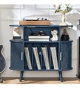 LELELINKY Large Round Record Player Stand with Charging Station &amp; Fluted Panel,Navy Blue Mid Cent...