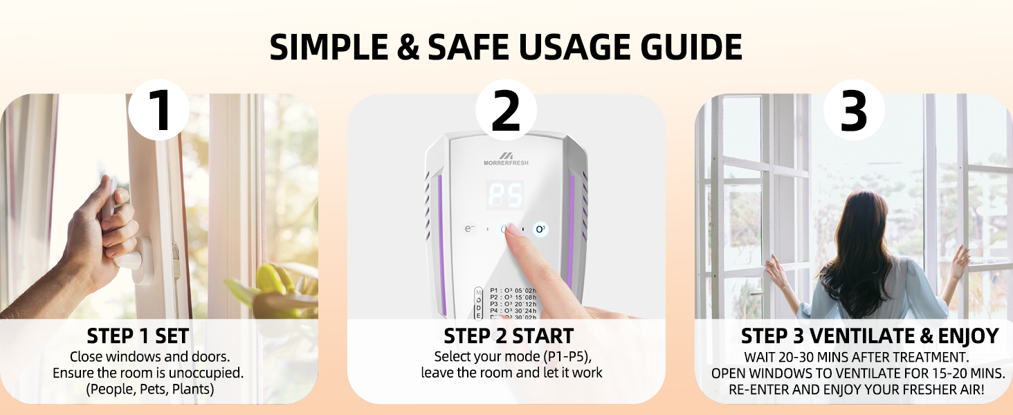 Text reads 'SIMPLE &amp; SAFE USAGE GUIDE' followed by numbered steps 1-3 showing product installation sequence in interior home setting with windows.