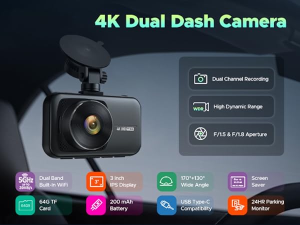 4K Dash Cam Front and Inside