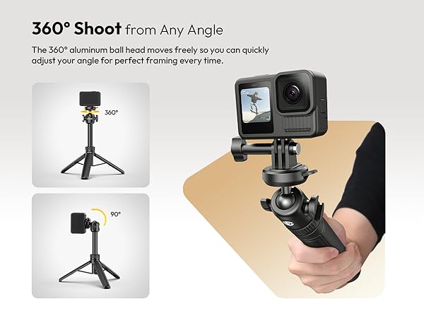 Text reads '360° Shoot from Any Angle'. Product images showing versatile camera mount/tripod in different positions, demonstrating flexible shooting angles.