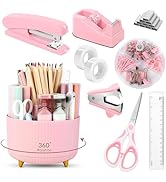 SKYDUE Pink Desk Accessories 10PCS, Pink Office Supplies Set, Pencil Holder for Desk, Stapler, Ta...