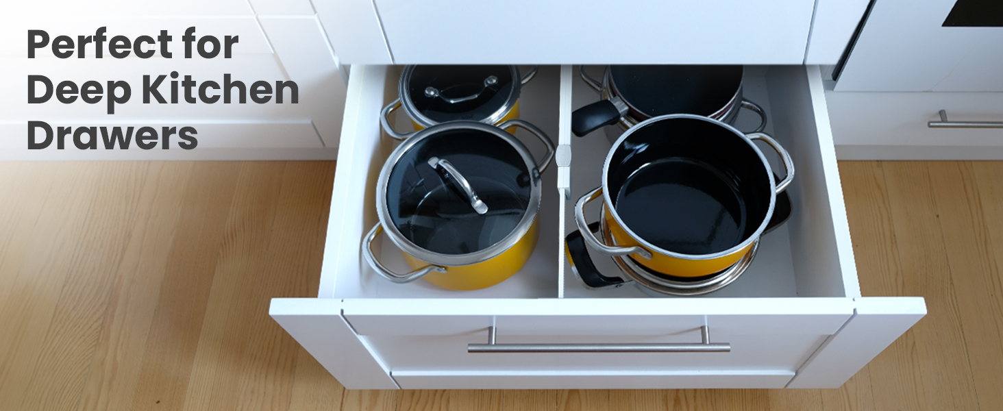 An Image Showing the use of the RAPTUROUS Adjustable Drawer Divider in a Kitchen Setting