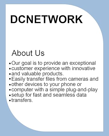 Text-based information display for DCNetwork describing file transfer services and plug-and-play setup features on a light blue background.