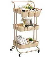 danpinera 3 Tier Rolling Utility Cart with Lockable Wheels &amp; Hanging Cups &amp; Hooks Storage Organiz...