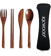 Portable Wooden Cutlery Set for Travel and Camping - 4 Piece Set With Reusable Wooden Spoon, Fork...