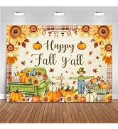 Mocsicka Happy Fall Y'all Banner Backdrop Hello Fall Decorations 7x5ft | Autumn Maple Leaves Pump...