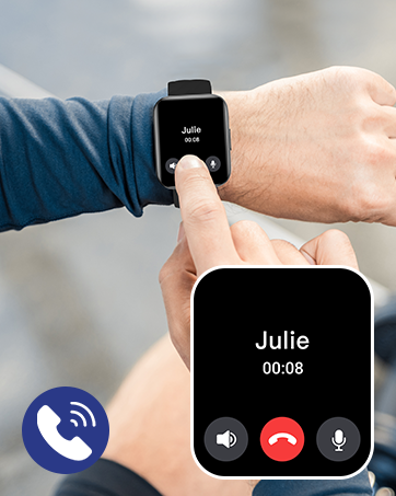 Smartwatch and smartphone displaying video call interface with call controls and timer, showing communication functionality between devices.