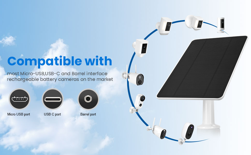 USB C ,BARREL,MICRO USB camera solar charger