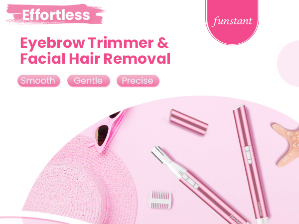 Pink eyebrow trimmer set with cap, comb and accessories displayed on a soft background