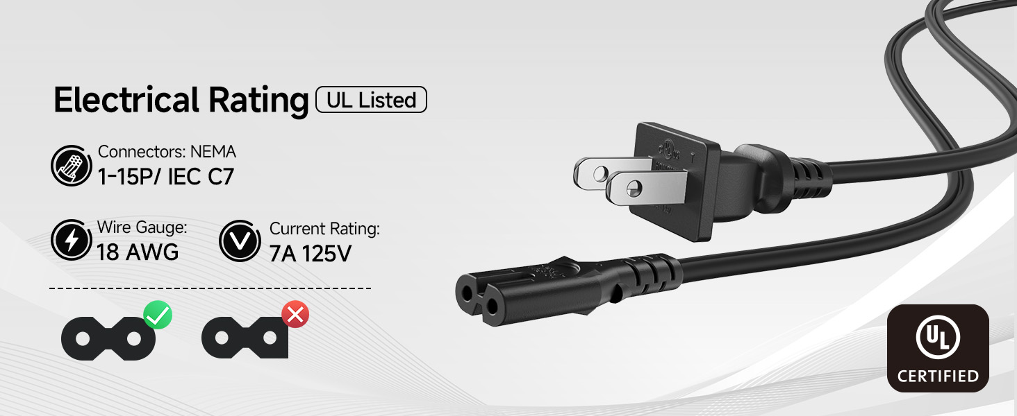 2 Pack 2 Prong TV Power Cord 10 ft, AC Power Cord Compatible with Samsung LG Sony