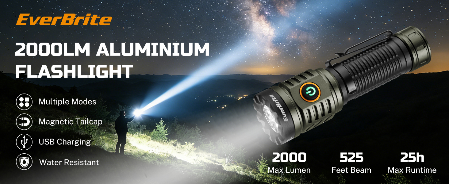 EverBrite 2000LM Aluminium Flashlight, Max 2000 Lumens, Max 525 Feet Beam, Max Runtime 25 hours