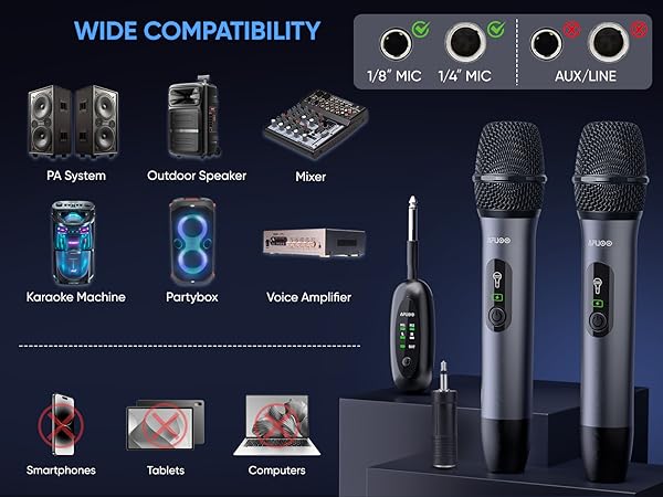 Metal Cordless Mic 2 Pack for Karaoke Machines, PA Systems, PartyBox, not compatible with Computers