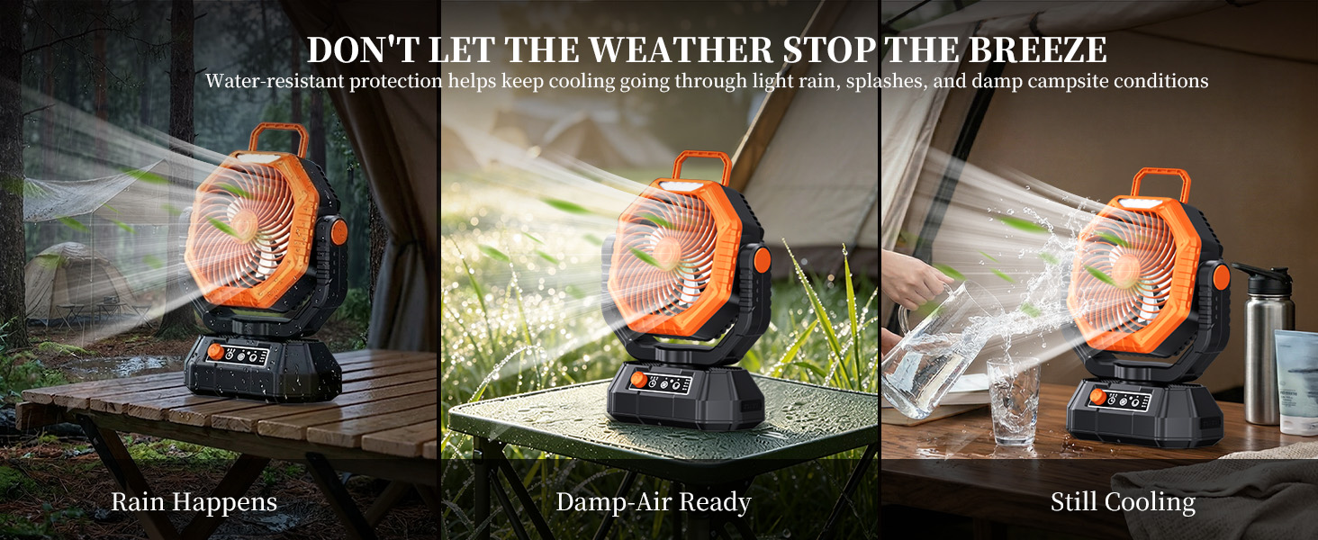 IPX4 water-resistant battery operated fan for camping built for unpredictable weather