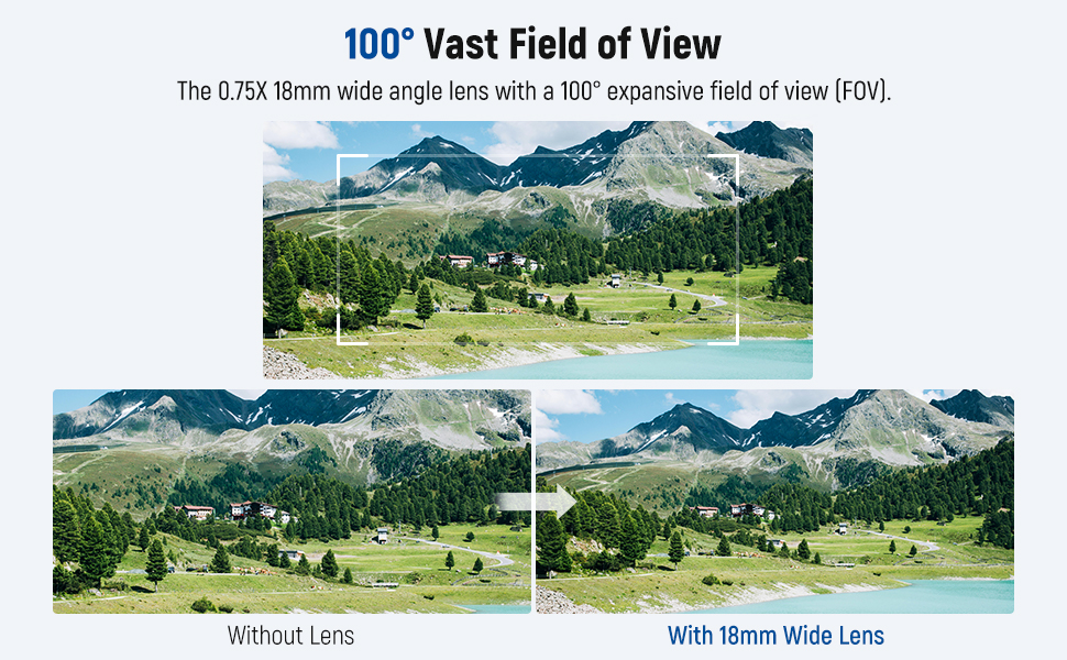 Text reads '100° Vast Field of View'. Comparison of landscape views showing wider field of vision with enhanced lens versus standard lens, displaying mountain scenery.