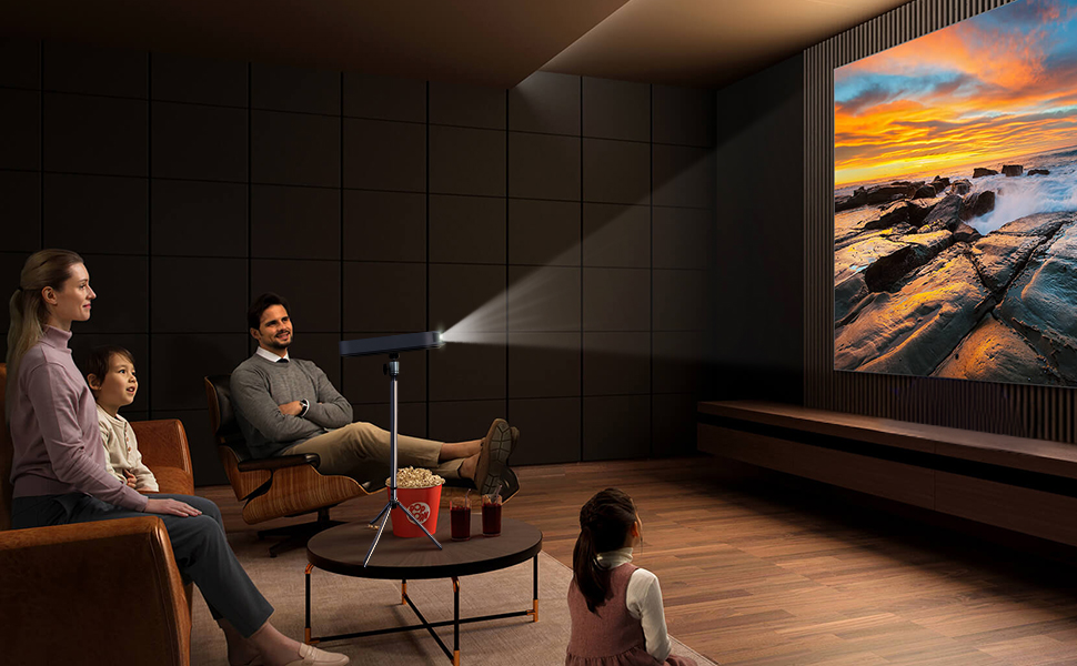 A happy family watching a movie together in their home theater.