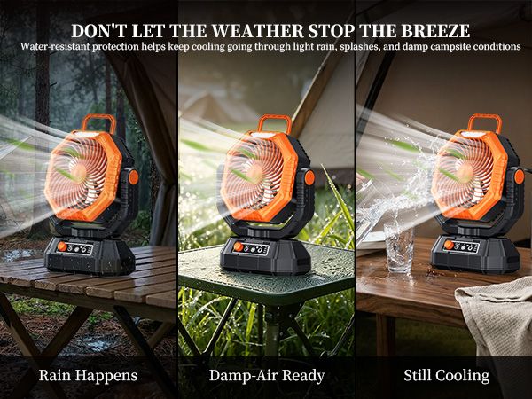 IPX4 water-resistant battery operated fan for camping built for unpredictable weather