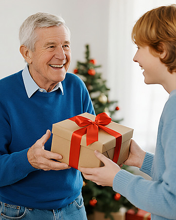 Series of images showing people exchanging and opening wrapped gift boxes, expressing joy and celebration in an indoor setting with Christmas decorations visible.