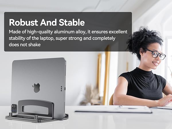 Aluminum laptop stand offers strong stability and stays completely wobble-free
