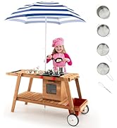 HONEY JOY Mud Kitchen with Umbrella, Wooden Rolling Mud Table Cart, Toddler Outdoor Kitchen Plays...